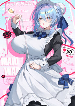 1girl :o absurdres aer7o apron astral_party black_dress blue_bow blue_hair bow braid breasts brooch bun_cover character_profile character_request collared_dress commentary_request dress flower-shaped_pupils frilled_apron frills hair_between_eyes hair_bun heart highres holding jewelry juliet_sleeves large_breasts long_sleeves maid maid_apron maid_headdress open_mouth pixelated puffy_sleeves red_eyes solo symbol-shaped_pupils tape_measure white_apron
