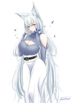 Rule 34 | 1girl, alternate costume, animal ear fluff, animal ears, azur lane, bare shoulders, belt, black belt, blue eyes, breasts, cleavage, cleavage cutout, clothing cutout, commentary request, feet out of frame, hand in own hair, high-waist skirt, highres, huge breasts, livetarica, long hair, looking at viewer, purple sweater, shinano (azur lane), shoulder cutout, signature, skirt, solo, standing, sweater, turtleneck, turtleneck sweater, very long hair, white background, white hair, white skirt