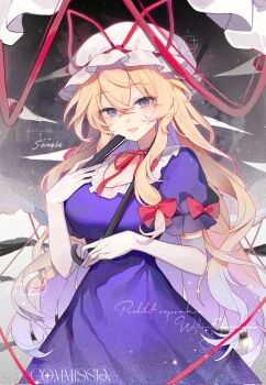 1girl :d blonde_hair bow commentary_request cowboy_shot crossed_bangs disembodied_eye double-parted_bangs dress elbow_gloves folding_fan gap_(touhou) gloves hair_between_eyes hair_bow hand_fan hat hat_ribbon highres holding holding_fan holding_umbrella long_hair looking_at_viewer mob_cap open_mouth puffy_short_sleeves puffy_sleeves purple_dress purple_eyes red_bow red_ribbon ribbon short_sleeves smile solo touhou umbrella very_long_hair watermark white_gloves white_hat yakumo_yukari yinco
