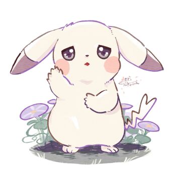 alternate_color alternate_form banchiku droopy_ears ears_down flower full_body gen_1_pokemon highres looking_at_viewer nintendo no_humans parted_lips peakychu pikachu pokemon pokemon_(creature) pokemon_focus pokemon_pokopia solo tail waving