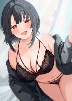 1girl :d black_bra black_hair black_panties bra breasts cleavage collarbone commentary_request highres kantai_collection large_breasts looking_at_viewer morning off_shoulder on_bed open_clothes open_mouth open_window panties pov_across_bed ranran_3939 red_eyes short_hair smile solo takao_(kancolle) underwear window