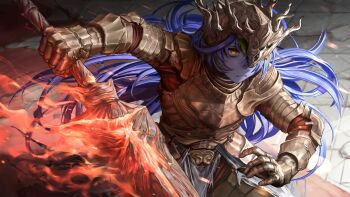 1girl absurdres album_cover armor character_request closed_mouth colored_skin commentary commission cover cowboy_shot dark_souls_(series) dark_souls_iii english_commentary eyelashes fighting_stance fire flaming_sword flaming_weapon full_armor hair_between_eyes highres holding holding_sword holding_weapon indie_virtual_youtuber light_particles long_hair looking_to_the_side numanoan purple_hair purple_skin shi0_tetra solo sword very_long_hair virtual_youtuber weapon yellow_eyes