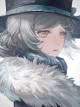 1girl absurdres banchuan_radis black_coat black_hat blue_bow blue_scarf boater_hat bow breath coat from_side fur-trimmed_coat fur_trim grey_eyes hair_bun hat hat_bow highres official_alternate_costume open_mouth portrait reverse:1999 scarf short_hair single_side_bun solo vertin_(reverse:1999) vertin_(winter)_(reverse:1999) vignetting webp-to-png_conversion white_background