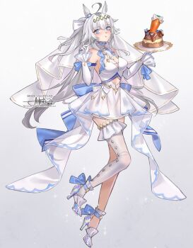 1girl ahoge animal_ears bare_shoulders blue_bow blue_eyes blush bow breasts bridal_veil bride cake carrot cleavage closed_mouth collar commentary detached_sleeves dress ear_ornament eating food fork frilled_collar frills full_body gloves grey_hair hair_between_eyes hair_ornament hairband highres holding holding_fork holding_plate horse_ears horse_girl long_hair medium_breasts multicolored_hair oguri_cap_(umamusume) plate princess_ailish shoes simple_background single_thighhigh solo sparkle thighhighs umamusume veil very_long_hair wedding_dress white_dress white_gloves white_thighhighs white_veil