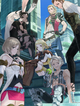 3boys 3girls abs animal_ears armor ashelia_b&#039;nargin_dalmasca balflear basch_fon_ronsenburg belt blonde_hair blue_eyes breasts brown_hair closed_mouth dark-skinned_female dark_skin detached_sleeves final_fantasy final_fantasy_xii fran_(ff12) gloves highres long_hair looking_at_viewer minabe_(mi-nabe) miniskirt multiple_boys multiple_girls penelo rabbit_ears short_hair skirt smile thighhighs vaan_(ff12) vest viera white_hair