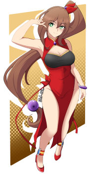 1girl absurdres breasts brown_hair china_dress chinese_clothes cleavage cleavage_cutout clothing_cutout dress full_body green_eyes high_ponytail highres iris_-another-_(mega_man) jetaxl_tanuki large_breasts mega_man_(series) mega_man_x_(series) mega_man_x_dive ponytail red_dress simple_background solo standing