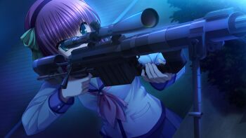 1girl angel_beats! bolt_action eyebrows female_focus finger_on_trigger game_cg green_eyes gun hair_between_eyes hair_ornament holding key_(company) long_sleeves na-ga nakamura_yuri purple_hair rifle scope shirt sniper sniper_rifle solo standing uniform weapon