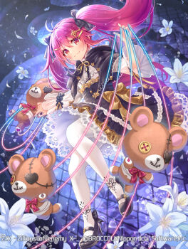 1girl antenna_hair black_bow black_capelet black_shoes black_skirt bow bow_skirt capelet center_frills closed_mouth copyright_notice flower frills from_below gold_bow hair_between_eyes hair_bow hair_ornament hairpin long_hair looking_at_viewer nei_(z/x) official_art pantyhose puppet_strings red_eyes red_hair serino_itsuki shirt shoes skirt solo stuffed_animal stuffed_toy teddy_bear twintails white_flower white_pantyhose white_petals white_shirt z/x