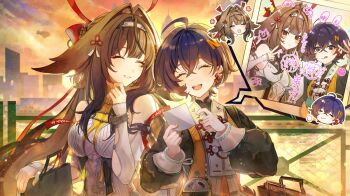 2girls animal_ears bare_shoulders belle_(zenless_zone_zero) blue_hair blush breasts brown_hair chibi chinese_clothes closed_eyes droopy_ears fox_ears fox_girl green_eyes hair_between_eyes hair_intakes hair_ornament hairband long_hair multiple_girls multiple_views open_mouth photo_(object) red_eyes short_hair smile tgf_pic white_hairband ye_shunguang zenless_zone_zero