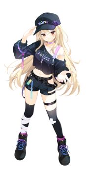 1girl arm_up bandaged_leg bandages baseball_cap black_hat black_shirt black_shoes black_shorts black_thighhighs blonde_hair breasts closed_mouth clothes_writing crop_top crop_top_overhang full_body hair_between_eyes hand_on_headwear hat highres loading_(verjuice) long_hair long_sleeves medium_breasts midriff multicolored_nails nail_polish navel off_shoulder original pink_nails puffy_long_sleeves puffy_sleeves purple_nails red_eyes shirt shoes short_shorts shorts simple_background smile solo standing thighhighs very_long_hair white_background