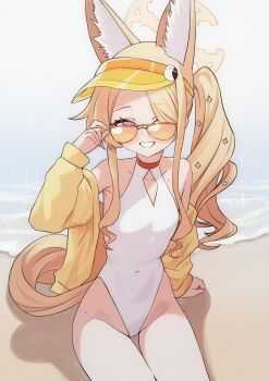 1girl absurdres adjusting_eyewear animal_ear_fluff animal_ears bare_shoulders beach blonde_hair blue_archive cameltoe commentary covered_navel cross_halo diamond_cutout flat_chest fox_ears fox_girl fox_tail grin hair_over_one_eye halo highleg highleg_one-piece_swimsuit highres jacket loli long_hair looking_at_viewer off_shoulder official_alternate_hairstyle one-piece_swimsuit one_eye_covered seia_(blue_archive) seia_(swimsuit)_(blue_archive) senapops side_ponytail smile solo swimsuit tail thighs tinted_eyewear very_long_hair visor_cap white_one-piece_swimsuit yellow_halo yellow_jacket yellow_visor