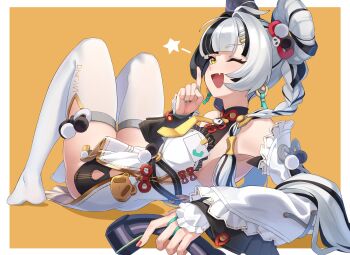 1girl absurdres ahoge aqua_nails bare_shoulders black_hair black_shorts blush border braid braided_twintails china_dress chinese_clothes commentary corded_phone detached_sleeves dialyn_(zenless_zone_zero) dress earrings fang from_side hair_extensions hair_intakes hair_ornament hairclip hand_up highres holding holding_phone id_card index_finger_raised jewelry knees_up long_hair looking_at_viewer lying mikiseriavoid multicolored_hair multicolored_nails necktie no_shoes on_back one_eye_closed open_mouth orange_background panda_hair_ornament phone red_nails ring_hair_extensions shorts skin_fang solo sparkling_eyes split-color_hair star_(symbol) thighhighs white_border white_dress white_hair white_thighhighs yellow_eyes yellow_necktie zenless_zone_zero