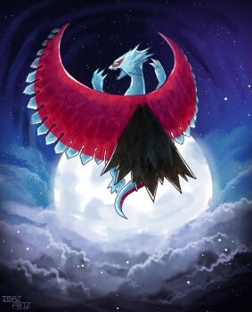 Rule 34 | above clouds, animal focus, artist name, cloud, colored sclera, commentary, dragon, english commentary, flying, full moon, highres, imazartz, looking back, moon, night, nintendo, no humans, non-web source, open mouth, outdoors, pokemon, pokemon (creature), pokemon focus, red eyes, roaring moon, sharp teeth, sky, star (sky), starry sky, teeth, v-shaped eyes, yellow sclera