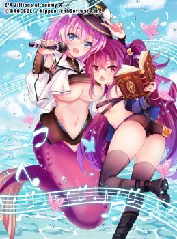 2girls beamed_eighth_notes belt belt_bra black_belt black_shoes black_shorts black_thighhighs blue_eyes blue_sky book breasts bug butterfly cleavage cloud cloudy_sky copyright_notice eighth_note frederica_(z/x) glowing_butterfly hat holding holding_book holding_microphone ichiyou_moka insect large_breasts long_hair looking_back medium_breasts medium_hair mermaid microphone monster_girl multiple_girls musical_note musical_staff navel nei_(z/x) ocean official_art open_book open_mouth outdoors pink_hair quarter_note red_eyes red_hair shirt shoes shorts sky thighhighs twintails underboob v water_drop white_shirt z/x