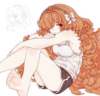 1girl :| alternate_costume armpit_crease barefoot black_shorts blush body_freckles bow bow_hairband breasts brown_hairband closed_mouth commentary crossed_legs dolphin_shorts english_commentary feet foot_out_of_frame freckles hairband hand_on_own_arm hand_on_own_leg ishmael_(project_moon) jaggy_lines limbus_company long_hair looking_at_viewer medium_breasts midriff_peek moppynoko orange_eyes orange_hair project_moon shirt shorts sideboob sitting soles solo tank_top very_long_hair wavy_hair white_background white_bow white_shirt