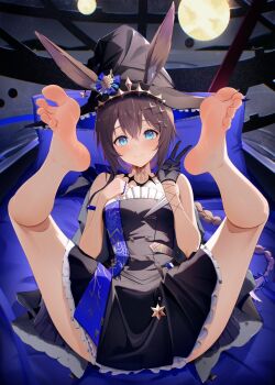 1girl ambience_synesthesia amiya_(arknights) amiya_(medic)_(arknights) amiya_(medic)_(solo_around_the_world)_(arknights) animal_ears arknights bare_legs bare_shoulders barefoot black_gloves black_hat blue_eyes brown_hair commentary_request feet gloves hat highres jewelry legs looking_at_viewer multiple_rings no_shoes official_alternate_costume rabbit_ears rabbit_girl radoremo ring soles spread_legs spread_toes thumb_ring toe_seam toenails toes