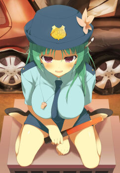 1girl accident bashou_(senran_kagura) baton_(weapon) black_shoes blue_necktie blue_shirt blunt_tresses blush breasts car car_crash female_service_cap flower green_hair hair_ornament hat hat_flower high_heels large_breasts long_hair looking_at_viewer motor_vehicle necktie non-web_source open_mouth paintbrush_hair_ornament pencil_skirt pink_flower police police_badge police_hat police_uniform policewoman purple_eyes senran_kagura senran_kagura_new_wave shiny_skin shirt shoes sitting skirt solo wariza weapon whistle whistle_around_neck wreckage