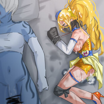 Rule 34 | 1futa, 1girl, after ejaculation, after rape, aftersex, bdsm, bite mark, blindfold, blonde hair, blue skin, bound, bound wrists, breasts, censored, colored skin, covered mouth, cum, cum on body, cum on breasts, cum on clothes, cum on hair, cum on upper body, cure etoile, detached sleeves, dirty, dirty clothes, dress, flaccid, from above, futa with female, futanari, garrison cap, gloves, grey hair, hair ornament, hat, high heels, hugtto! precure, injury, kagayaki homare, long hair, lying, magical girl, mask, medium breasts, mouth mask, navel, nipples, on side, orange dress, orange eyes, penis, pillow, ponytail, precure, raitaroo, short hair, star (symbol), star hair ornament, tattoo, yellow eyes