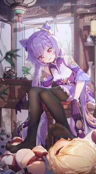 2girls absurdres bdsm black_pantyhose blonde_hair bondage bound breasts chair choker closed_eyes commentary_request detached_sleeves dress feet genshin_impact gloves highres holding holding_shoes holding_unworn_clothes icecake indoors keqing_(genshin_impact) long_hair long_sleeves looking_at_another lumine_(genshin_impact) lying medium_breasts multiple_girls neck_tassel no_shoes on_back on_chair pantyhose parted_lips pink_eyes plant potted_plant purple_choker purple_dress purple_gloves purple_hair shibari shoes sitting smelling smelling_feet smile table tassel tea_set twintails unworn_shoes
