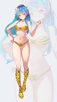 1girl absurdres animal_print bikini blue_hair boots breasts cleavage cone_horns full_body fur_bikini highres horns index_finger_raised itou_kazuki long_hair lum medium_breasts navel oni print_bikini small_horns solo strapless strapless_bikini swimsuit tiger_print urusei_yatsura yellow_bikini yellow_boots yellow_eyes yellow_horns zoom_layer