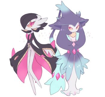 2girls banette black_dress black_hair blue_hair colored_sclera colored_skin dress full_body fusion gardevoir gem gen_3_pokemon gen_4_pokemon gen_8_pokemon hat hatterene highres long_sleeves looking_at_viewer masayo_(skip) mega_banette mega_pokemon mismagius multicolored_hair multiple_girls nintendo no_mouth pink_eyes pink_gemstone pokemon pokemon_(creature) purple_hair simple_background standing two-tone_hair white_background white_skin witch_hat yellow_sclera