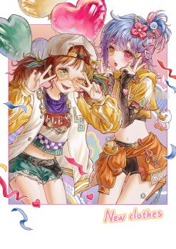 2girls :o absurdres backwards_hat balloon bird black_shorts blonde_streaks blue_eyes blue_hair blue_streaks clothes_around_waist cowboy_shot crop_top cropped_hoodie cropped_sweater denim denim_shorts double_v duck facial_mark fangs fishnets flower gradient_hair hair_between_eyes hair_flower hair_ornament half_updo hat heart heart-shaped_eyewear heart_balloon heart_facial_mark heart_hair_ornament heterochromia highres hood hood_down hoodie identity_v jacket jacket_around_waist jewelry layered_sleeves lily_barriere lily_barriere_(oph.lily) long_sleeves looking_at_viewer medium_hair meng_xi_x multicolored_hair multicolored_nails multiple_girls navel necklace official_alternate_costume open_mouth orange_hair outline outside_border pink_eyes pink_hair polaroid_photo ponytail puffy_long_sleeves puffy_sleeves ribbon short_over_long_sleeves short_ponytail short_sleeves shorts sleeves_past_wrists smile star_(symbol) star_hair_ornament strap sweater swept_bangs twintails v v_over_eye vera_nair vera_nair_(buffy) wavy_hair white_jacket wispy_bangs yellow_eyes yellow_hoodie