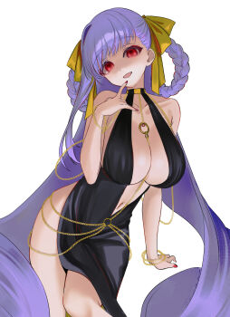 1girl absurdres bare_shoulders bb_(fate) bb_dubai_(fate) belly_chain black_dress bracelet braid braided_hair_rings breasts cleavage dress eyeliner fate/grand_order fate_(series) hair_ribbon hair_rings hashtag-only_commentary highres jewelry large_breasts long_hair looking_at_viewer makeup mikon_(nicknqme) necklace open_mouth plunging_neckline purple_hair red_eyes ribbon shaded_face side_slit smile solo thighs twin_braids very_long_hair yellow_ribbon