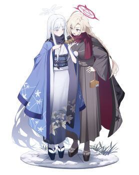 Rule 34 | 2girls, absurdres, ayame (blue archive), ayame (twilight) (blue archive), blonde hair, blue archive, commentary, food, grey eyes, grey hair, grey halo, halo, heterochromia, highres, japanese clothes, kimono, long hair, manew, multiple girls, nagusa (blue archive), purple eyes, red halo, simple background, tabi, untranslatable commentary, white background, yakitori, yellow eyes
