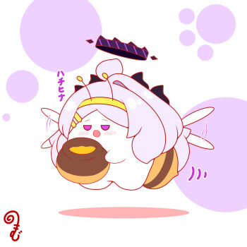 Rule 34 | :d, ahoge, antennae, bee costume, blue archive, blush, chibi, colored shadow, fake antennae, grey hair, hair ornament, hairband, hairclip, halo, highres, hina (blue archive), holding, honey, honeypot, horns, insect wings, kurukurumagical, long hair, motion lines, open mouth, parted bangs, purple eyes, shadow, single hair intake, smile, solo, speed lines, translation request, very long hair, white background, white wings, wings, yellow hairband