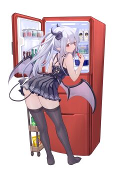 1girl ass black_dress black_thighhighs center-flap_bangs demon_girl demon_horns demon_tail demon_wings double-parted_bangs dress from_behind highres horns hot_sauce long_hair looking_at_viewer marekamico no_shoes original pleated_dress pointy_ears red_eyes refrigerator short_dress simple_background sleeveless sleeveless_dress solo tail thighhighs tongue tongue_out twintails white_background white_hair wings
