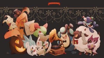 absurdres bell brown_eyes clothed_pokemon commentary_request fang gen_3_pokemon gen_4_pokemon gen_5_pokemon gen_6_pokemon gen_7_pokemon gen_8_pokemon gourgeist highres holding kirlia kisa_(kisa-kisa5900) mimikyu minccino mistletoe nintendo noibat open_mouth pachirisu palpitoad phonograph pokemon pokemon_(creature) popplio signature smile teeth tongue wooloo yellow_eyes