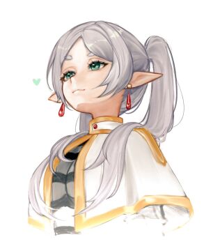 1girl aqua_eyes closed_mouth commentary earrings elf english_commentary frieren grey_hair heart jewelry long_hair meme mizurane pointy_ears simple_background solo sousou_no_frieren twintails upper_body upward_angle_frieren_drawing_(meme) white_background