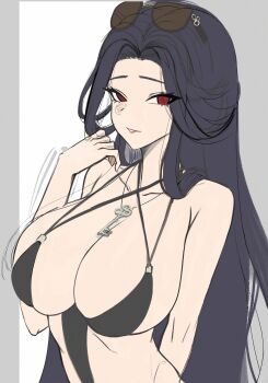 1girl absurdres bare_shoulders bikini black_bikini black_hair breasts cleavage collarbone eyewear_on_head goddess_of_victory:_nikke highres jewelry key large_breasts long_hair looking_at_viewer maiden_(nikke) maiden_(under_the_sun)_(nikke) nathoart necklace olo parted_bangs red_eyes sunglasses swimsuit