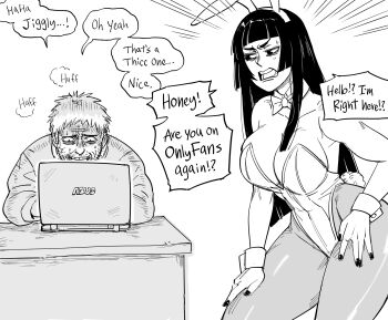 1boy 1girl angry animal_ears artist_self-insert asus at_computer bb_(baalbuddy) black_nails breasts cleavage commentary computer detached_collar emphasis_lines english_commentary english_text facial_hair fake_animal_ears fake_tail fingernails greyscale hand_on_own_hip hand_on_own_thigh heavy_breathing highleg highleg_leotard highres hime_cut_wife_(baalbuddy) laptop large_breasts leotard monochrome nail_polish original pantyhose playboy_bunny rabbit_ears rabbit_tail strapless strapless_leotard stubble tail teeth upper_teeth_only wrist_cuffs