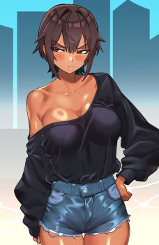 1girl absurdres averting_eyes black_shirt blue_shorts blush breasts brown_hair cell_(fu_cell) city closed_mouth commentary cowboy_shot cutoffs dark_skin denim denim_shorts english_commentary frown hair_intakes hand_on_own_hip highres large_breasts long_sleeves no_bra off-shoulder_shirt off_shoulder original oversized_clothes oversized_shirt puffy_long_sleeves puffy_sleeves red_eyes shiny_skin shirt short_hair short_shorts shorts single_bare_shoulder solo taut_clothes taut_shorts thigh_gap tomboy tsundere v-shaped_eyebrows