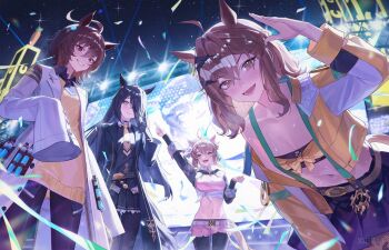 4girls agnes_tachyon_(tach-nology)_(umamusume) agnes_tachyon_(umamusume) ahoge animal_ears bandeau belt black_coat black_gloves black_hair black_leggings black_necktie black_pantyhose black_shirt black_shrug black_skirt blue_skirt blush bow braid breasts brown_belt brown_eyes brown_hair carrot chemical_structure closed_mouth coat collared_shirt confetti cork dantsu_flame_(center_spotlight)_(umamusume) dantsu_flame_(umamusume) ear_covers ear_ribbon ear_tag earrings gloves hair_between_eyes hair_ornament hairclip half_up_braid highres horse_ears horse_girl horse_tail jacket jewelry jungle_pocket_(champion's_battle_cry)_(umamusume) jungle_pocket_(umamusume) lab_coat large_breasts leggings leggings_under_shorts long_bangs long_hair long_hair_between_eyes long_sleeves looking_at_viewer manhattan_cafe_(creeping_shadow)_(umamusume) manhattan_cafe_(umamusume) medium_hair midriff multicolored_hair multiple_girls navel necktie open_clothes open_mouth pantyhose pink_shirt pink_shorts red_eyes shirt short_necktie shorts shrug_(clothing) single_earring skirt sleeves_past_fingers sleeves_past_wrists small_breasts smile stomach sweat sweater sweater_vest tail teeth test_tube tied_shirt umamusume umamusume:_beginning_of_a_new_era white_coat white_hair white_shirt wolf_cut xiisalt yellow_bandeau yellow_eyes yellow_jacket yellow_necktie yellow_sweater yellow_sweater_vest