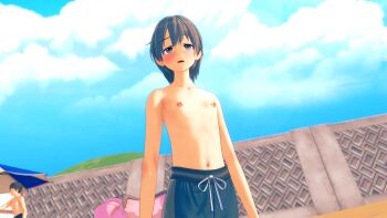 1boy 1girl 3d artist_request beach blue_male_swimwear blue_sky blue_swim_trunks blurry blurry_background blush breasts crossdressing drawstring exhibitionism flat_chest grey_eyes grey_hair highres idolmaster idolmaster_cinderella_girls jacket male_swimwear male_swimwear_challenge multiple_boys multiple_girls nipples otokura_yuuki pink_jacket public_indecency reverse_trap sand short_hair sky source_request standing swim_trunks tagme topless_female unworn_jacket
