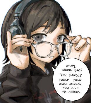 1girl adjusting_eyewear black_hair commentary english_commentary english_text glasses grey_hair hands_up headphones highres hood hood_down hoodie long_sleeves looking_at_viewer machipachi1901 original parted_lips portrait short_hair solo transparent-framed_eyewear