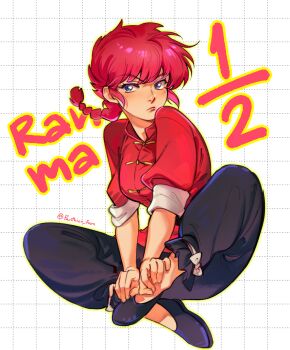 1girl artist_name blue_eyes braid chinese_clothes copyright_name genderswap_mtf no_sock panther-fam pants ranma-chan ranma_1/2 red_hair red_shirt saotome_ranma shirt shoes single_braid sitting solo tangzhuang