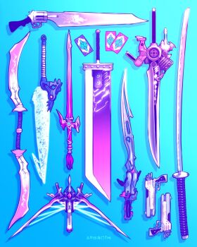 aris_roth artist_name blazefire_saber blue_background bow_(weapon) brave_blade buster_sword card commentary crossbow double_blade engine_blade english_commentary final_fantasy final_fantasy_ix final_fantasy_type-0 final_fantasy_v final_fantasy_vii final_fantasy_viii final_fantasy_x final_fantasy_x-2 final_fantasy_xiii final_fantasy_xiii-2 final_fantasy_xv gun gunblade handgun highres in-franchise_crossover katana mage_masher masamune_(ff7) no_humans playing_card shadow starseeker_(ff13-2) sword tiny_bee_(ff10-2) weapon weapon_focus