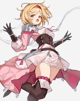 1girl absurdres armor belt black_gloves blonde_hair blush boots breasts brown_boots brown_eyes corset djeeta_(granblue_fantasy) dress frilled_dress frills from_below gloves granblue_fantasy hairband highres looking_at_viewer looking_down medium_breasts metal_gloves open_mouth pauldrons pink_dress red_hairband shiro_wa_(shiroshironix) short_hair shoulder_armor simple_background solo thigh_boots thighhighs vest waistcoat white_background zettai_ryouiki
