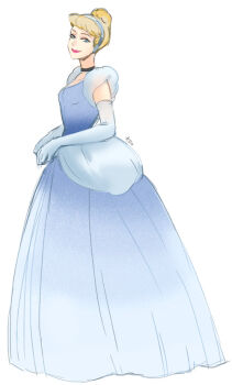 Rule 34 | 1girl, animification, ano (sbee), gown, blonde hair, blue dress, blue eyes, choker, cinderella (disney movie), dress, earrings, elbow gloves, gloves, hair bun, hairband, jewelry, looking at viewer, princess, princess dress, short hair, smile, solo