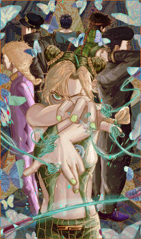 Rule 34 | 1girl, 5boys, battle tendency, black hair, blonde hair, braid, braided ponytail, bug, butterfly, commentary, diamond wa kudakenai, gakuran, giorno giovanna, green eyes, green nails, hat, higashikata josuke, highres, insect, jojo no kimyou na bouken, jonathan joestar, joseph joestar, joseph joestar (young), kuujou jolyne, kuujou joutarou, long hair, multicolored hair, multiple boys, navel, phantom blood, pompadour, scarf, school uniform, short hair, stardust crusaders, stone ocean, striped clothes, striped scarf, two-tone hair, unraveling, untranslatable commentary, vento aureo, yorunue ro