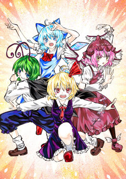 4girls :o ahoge antennae bird_girl bird_wings black_cape black_skirt black_vest blonde_hair blue_dress blue_hair blue_shorts blush bow bowtie brown_dress brown_hat brown_pantyhose cape cirno commentary double_fox_shadow_puppet dress feathered_wings fox_shadow_puppet frilled_hat frills green_hair grin group_pose hair_ribbon hat highres in-franchise_crossover kabaji looking_at_viewer multiple_girls mystia_lorelei on_one_knee outstretched_arms pantyhose petticoat pinafore_dress pink_hair red_bow red_bowtie red_ribbon ribbon rumia shirt short_hair shorts skirt sleeveless sleeveless_dress smile socks team_9_(touhou) touhou traditional_media trait_connection vest white_shirt white_socks wings wriggle_nightbug