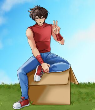 1boy absurdres box bracelet brown_eyes brown_hair cardboard_box denim highres jewelry lilum male_focus pants pegasus_seiya portuguese_commentary red_shirt red_shoes saint_seiya shirt shoes short_hair sleeveless smile
