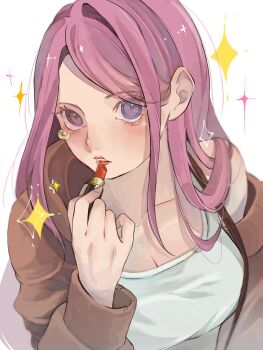 1girl breasts cleavage commentary_request cosmetics eyelashes highres holding holding_lipstick_tube jewelry_bonney lipstick_tube long_hair looking_at_viewer one_piece pink_hair purple_eyes red_lips solo sparkle u_mi031 upper_body