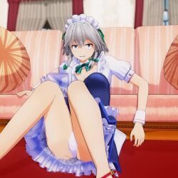 1girl 3d animated ass blue_eyes breasts cleavage grey_hair izayoi_sakuya medium_breasts mofumoko5 sitting solo tagme thighs touhou video