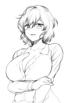 1girl arm_under_breasts blush breasts cleavage greyscale kazami_yuuka large_breasts looking_at_viewer messy_hair monochrome open_mouth sadahiro_(chicken_nugget_gyuuniku_aji) short_hair simple_background smile solo touhou upper_body