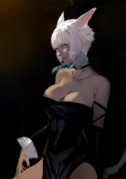 1girl animal_ears bare_shoulders black_dress breasts cat_ears cat_tail choker cleavage club3 dark-skinned_female dark_background dark_skin detached_sleeves dress facial_mark feather_hair_ornament feathers final_fantasy final_fantasy_xiv grey_eyes hair_ornament highres large_breasts looking_at_viewer miqo'te short_hair solo strapless strapless_dress tail whisker_markings white_hair y'shtola_rhul