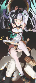 1girl absurdres animal_print armpits bare_shoulders bear_print berserker_r black_background black_gloves black_hair black_shoes braid braided_twintails china_dress chinese_clothes corded_phone detached_sleeves dialyn_(zenless_zone_zero) dress earrings gloves hair_ornament hands_up highres jewelry long_hair looking_at_viewer multicolored_hair necktie open_mouth panda_hair_ornament panda_print partially_fingerless_gloves phone shoes simple_background single_glove split-color_hair thighhighs white_hair white_thighhighs wire yellow_eyes yellow_necktie zenless_zone_zero